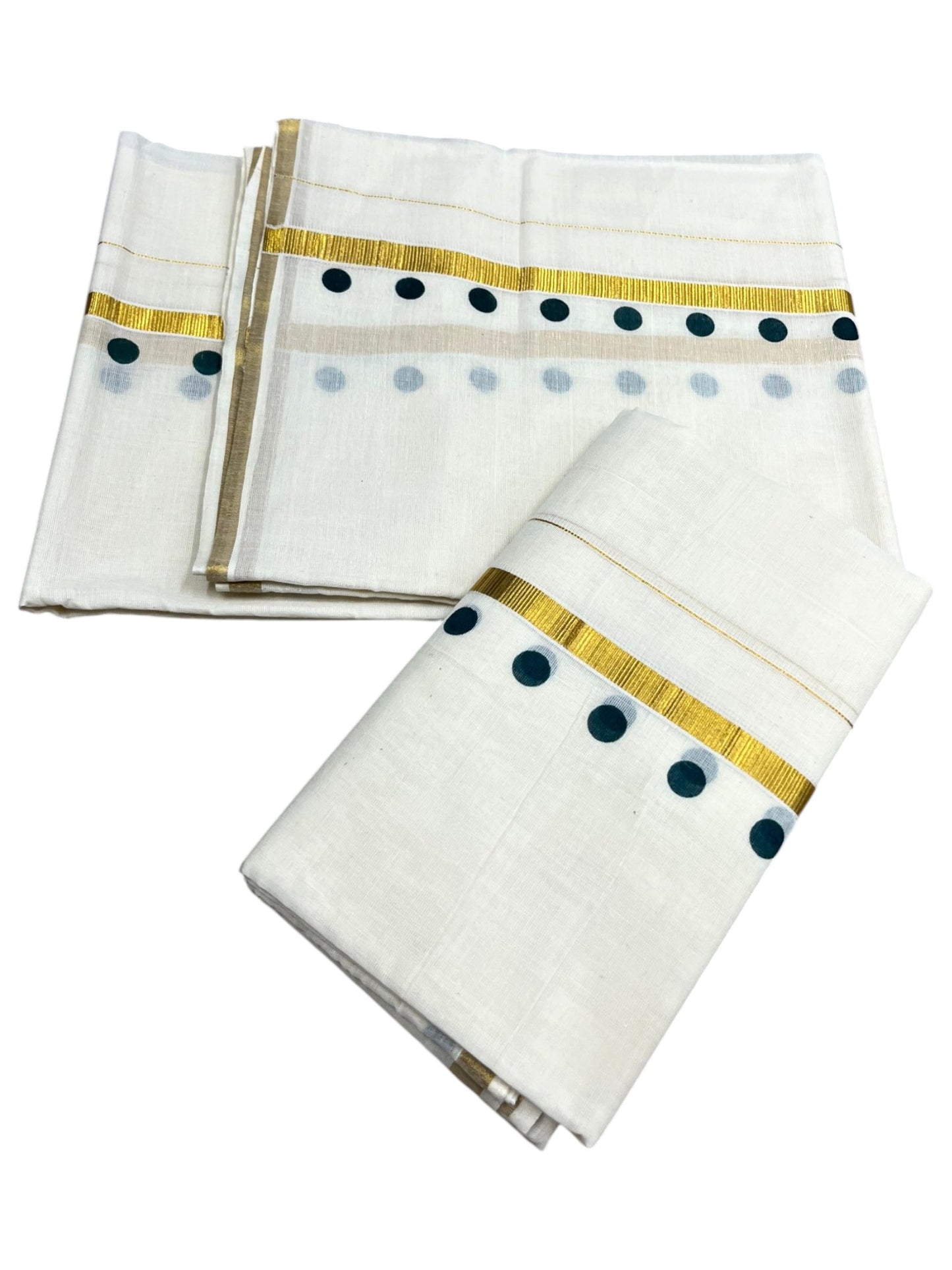 Southloom Pure Cotton Kerala Single Set Mundu (Mundum Neriyathum) with Polka Dots in Green 2.80 Mtrs