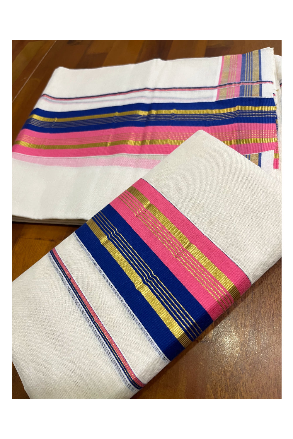 Kerala Cotton Kasavu Set Mundu (Mundum Neriyathum) with Pink Blue Border 2.80 Mtrs