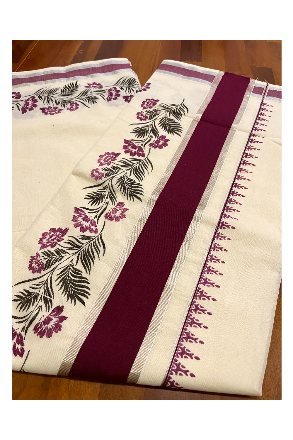 Pure Cotton Kerala Saree with Purple and Black Floral Block Prints and Silver Purple Border