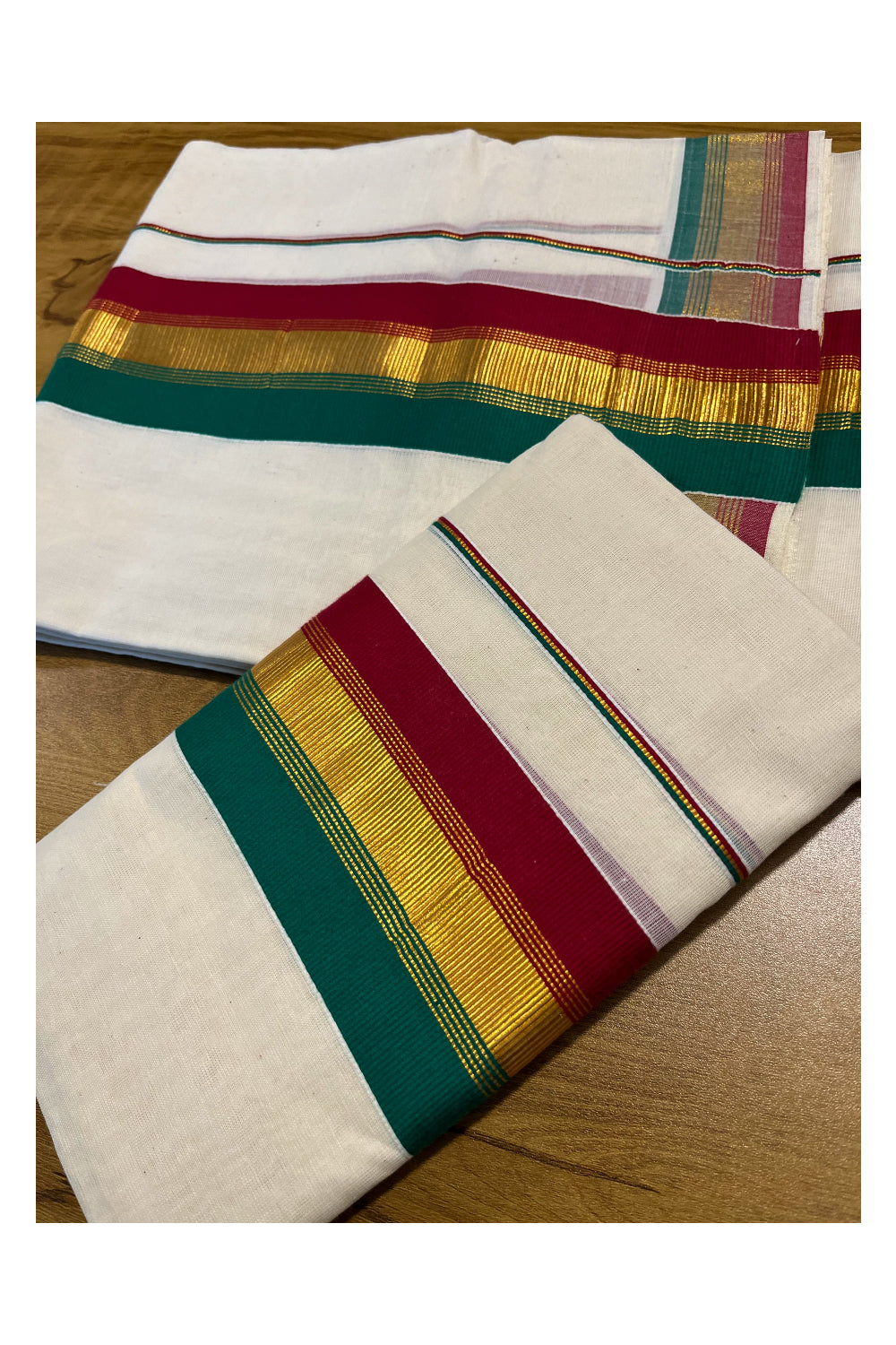 Kerala Cotton Kasavu Set Mundu (Mundum Neriyathum) with Maroon and Green Border SLKK