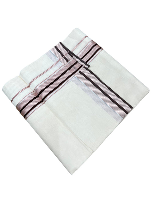 Southloom Kerala Pure Cotton Double Mundu with Peach Lines and Brown Border with (South Indian Dhoti)