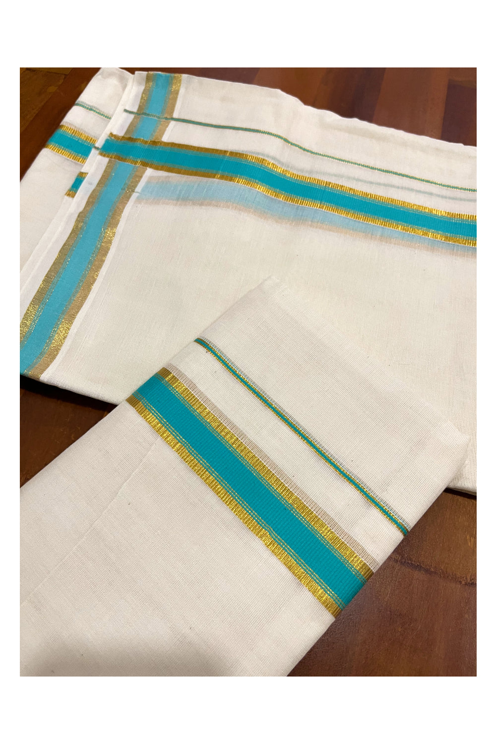 Kerala Cotton Mundum Neriyathum Single (Set Mundu) with Kasavu and Turquoise Border (Onam Set Mundu 2023)