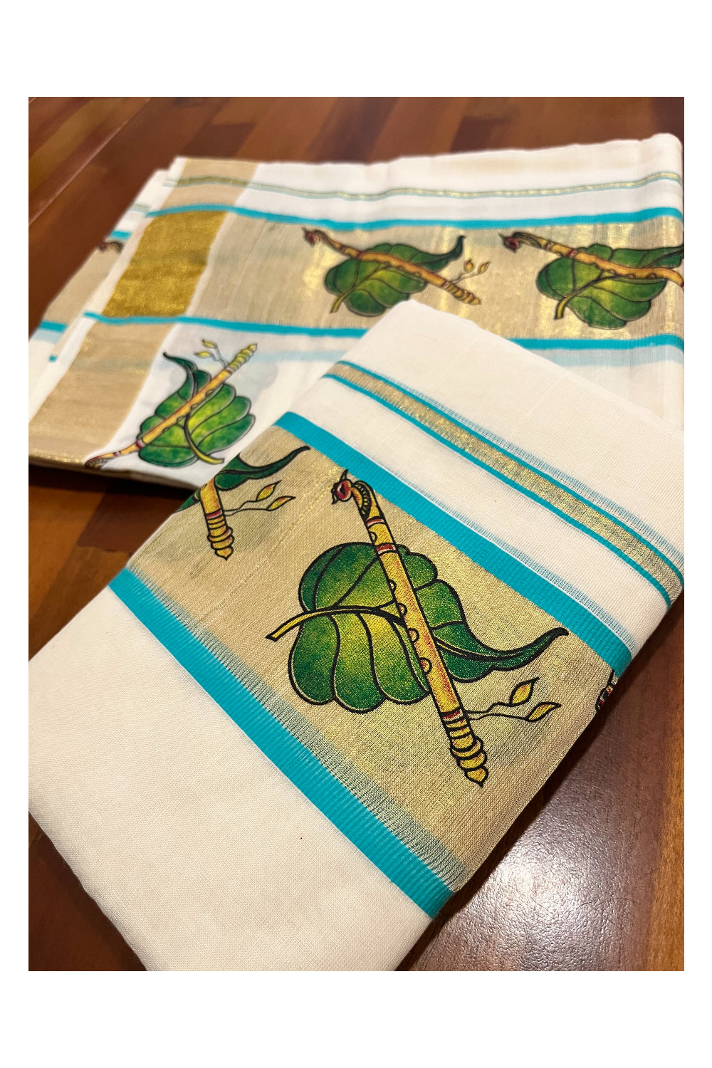 Kerala Cotton Single Set Mundu (Mundum Neriyathum) with Leaf and Flute Block Prints on Kasavu Turquoise Border