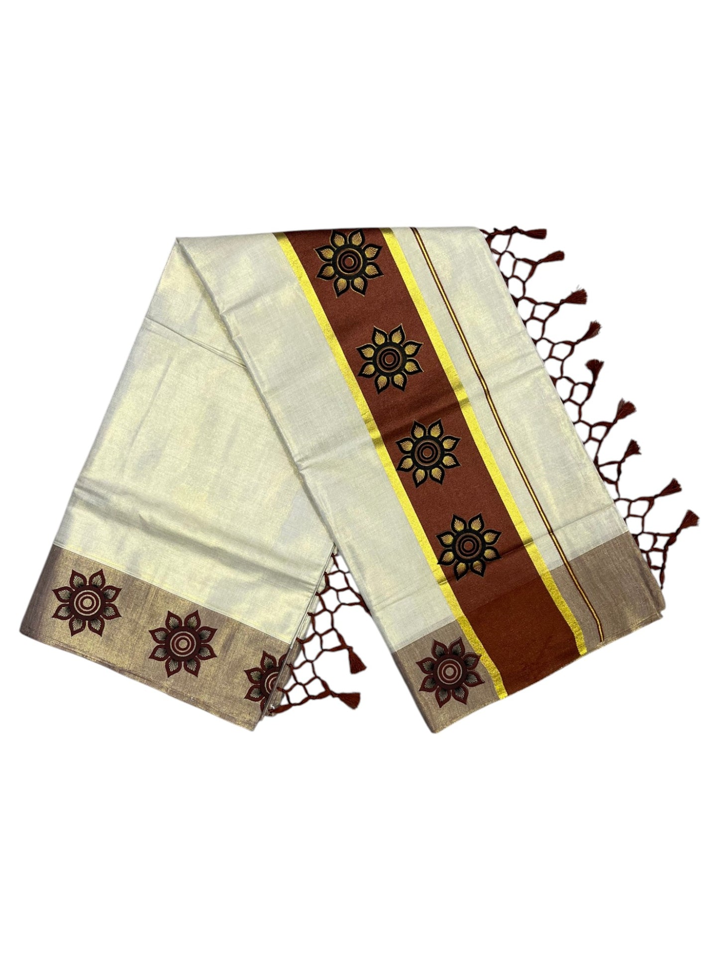 Southloom Kerala Tissue Kasavu Saree with Floral Block Prints in Brown Border