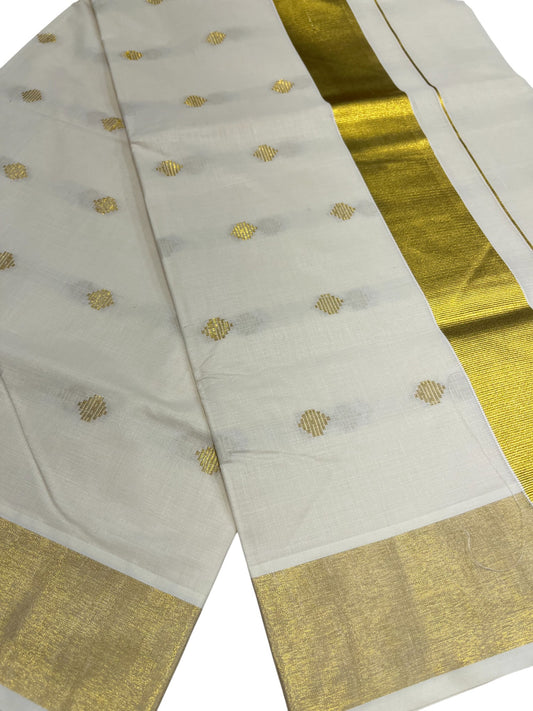 Kerala Cotton Kasavu Plain Saree with Gold Polka with Embroidery Works