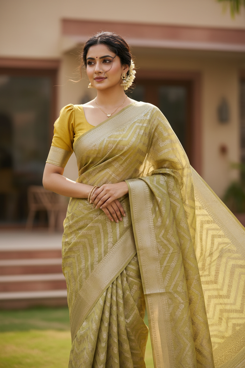 Southloom Cotton Banarasi Silk Saree with Woven Work on Body and Borders (Yellow)