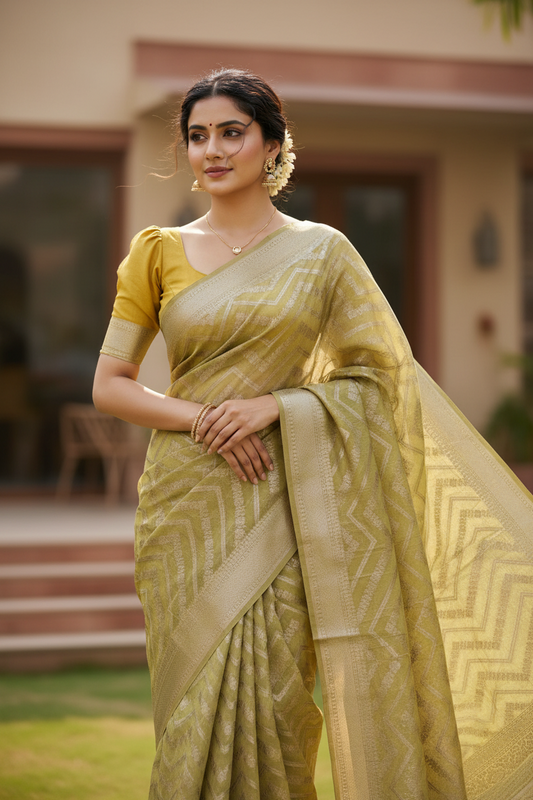 Southloom Cotton Banarasi Silk Saree with Woven Work on Body and Borders (Yellow)