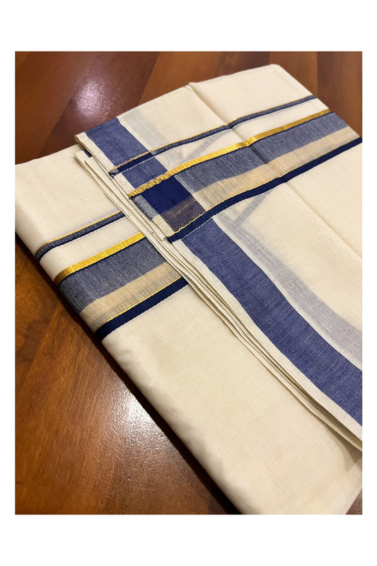 Kerala Pure Cotton Double Mundu with Blue and Kasavu Border (South Indian Kerala Dhoti)