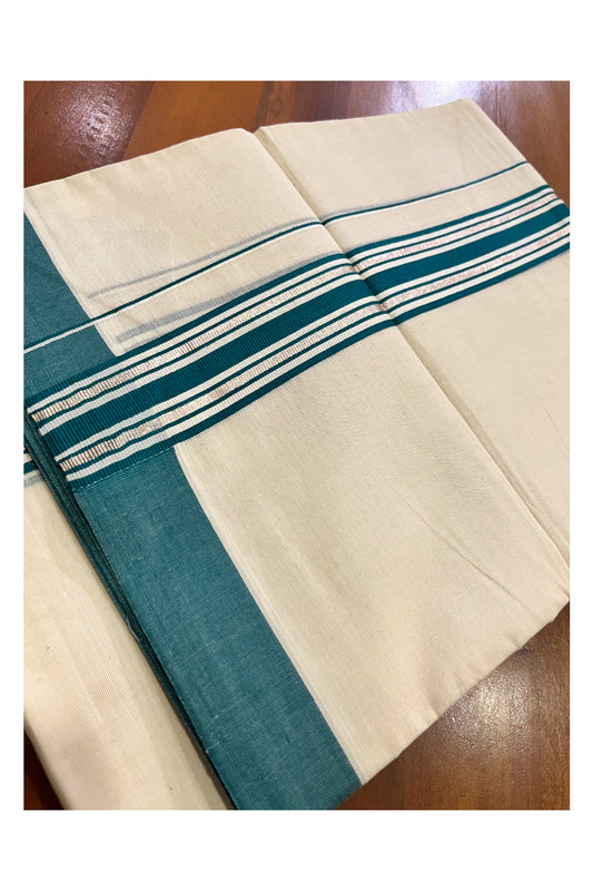 Kerala Pure Cotton Double Mundu with Silver Kasavu and Green Border (Vishu 2024 Collection)