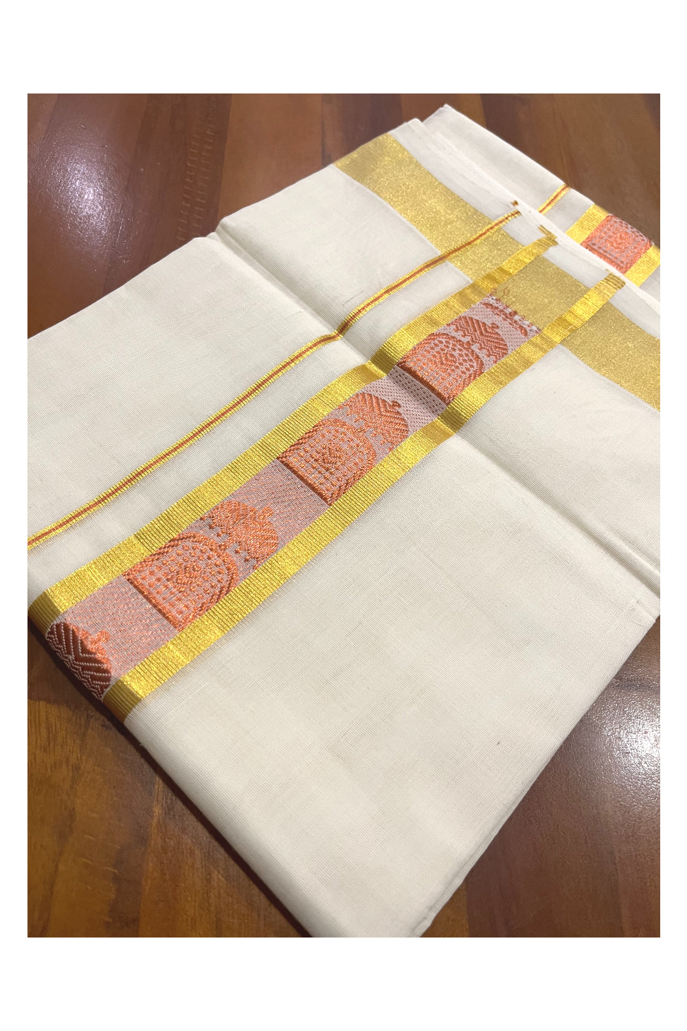 Southloom Premium Balaramapuram Wedding Handloom Mundu with Golden and Copper Kasavu Woven Design Border (South Indian Kerala Dhoti)