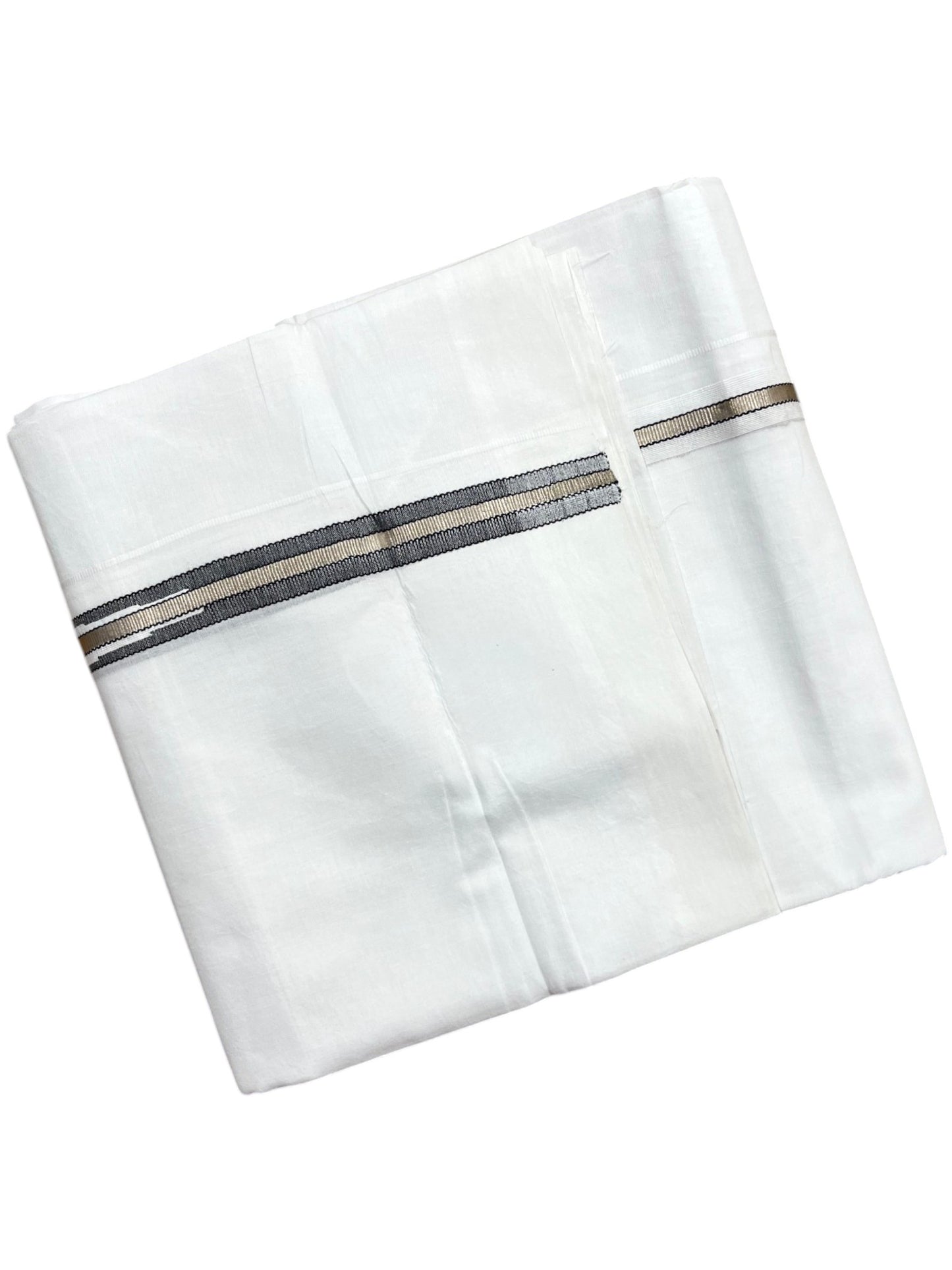 Southloom Pure White Cotton Double Mundu with Silver and Black Chutti Kara (South Indian Dhoti)