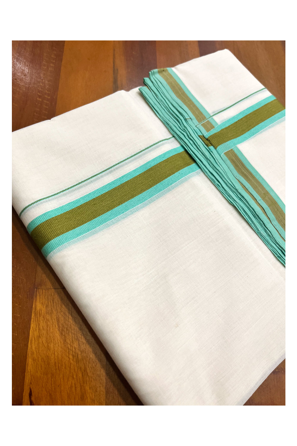 Premium Balaramapuram Handloom Unakkupaavu Cotton Double Mundu with Turquoise and Green Border (Vishu 2024 Collection)