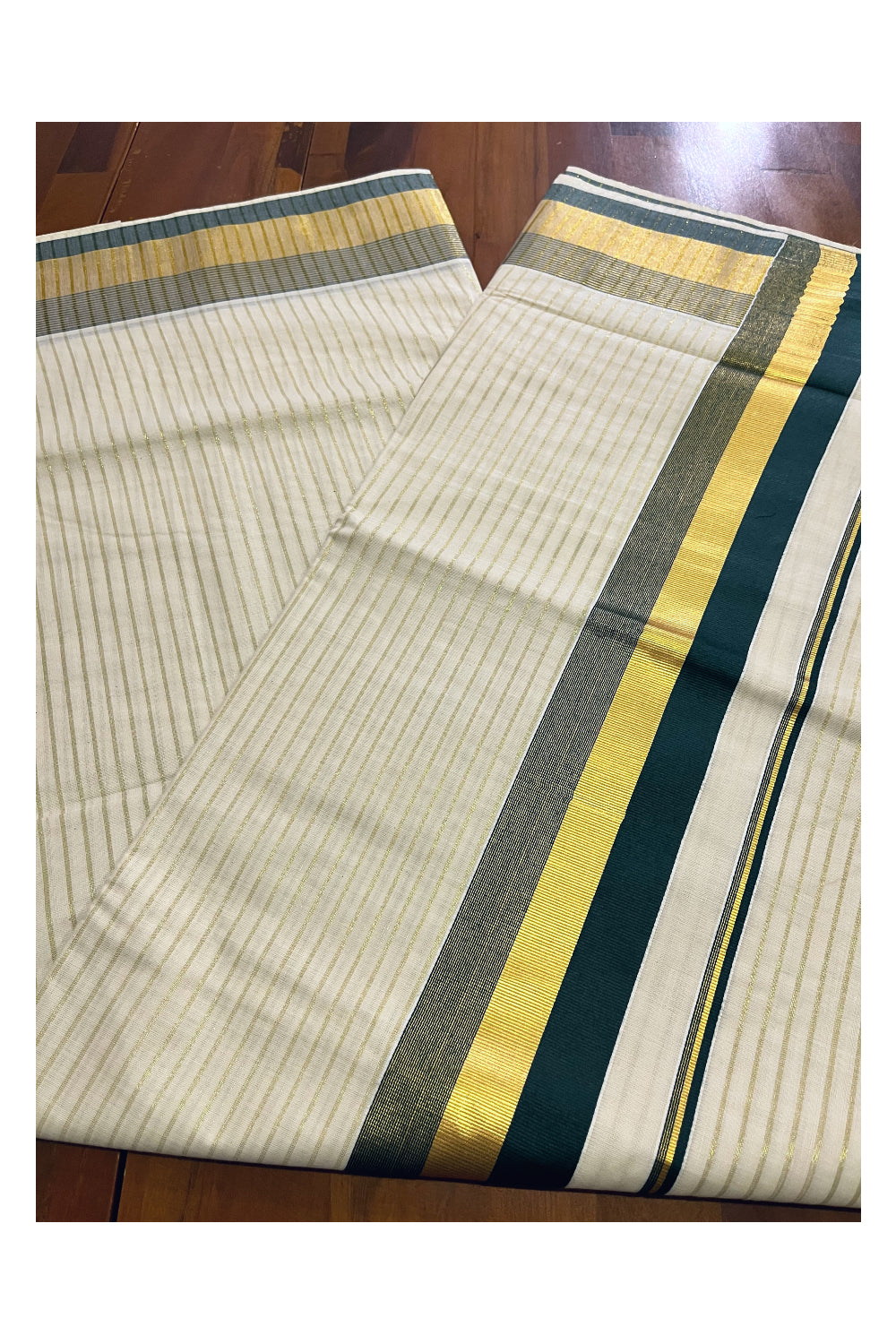 Pure Cotton Kerala Kasavu Lines Design Saree with Dark Green Border