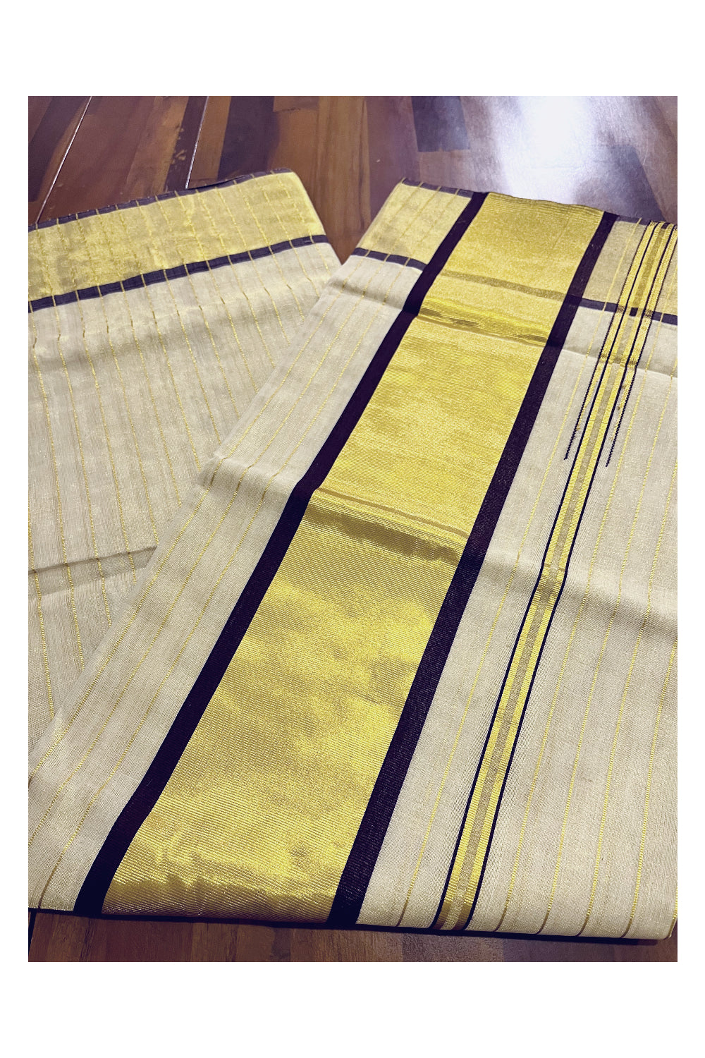 Southloom™ Premium Handloom Tissue Saree with Kasavu Lines Designs Across Body and Dark Brown Border