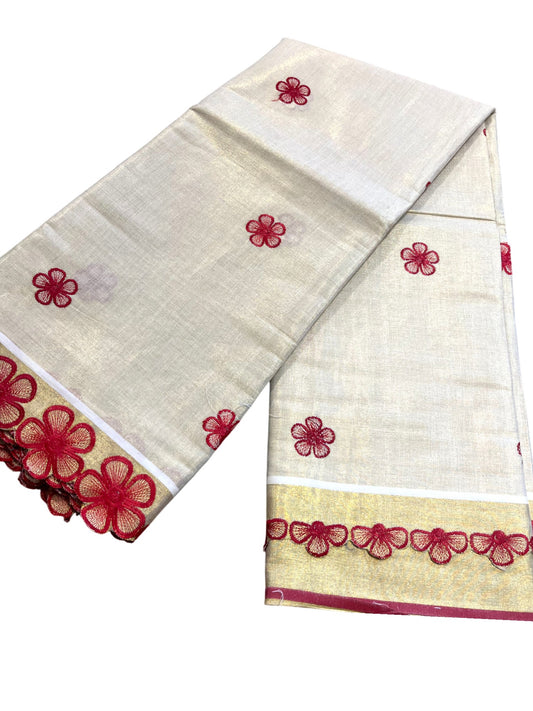 Southloom Kerala Tissue Kasavu Saree with Red Floral Embroidery on Body and Border