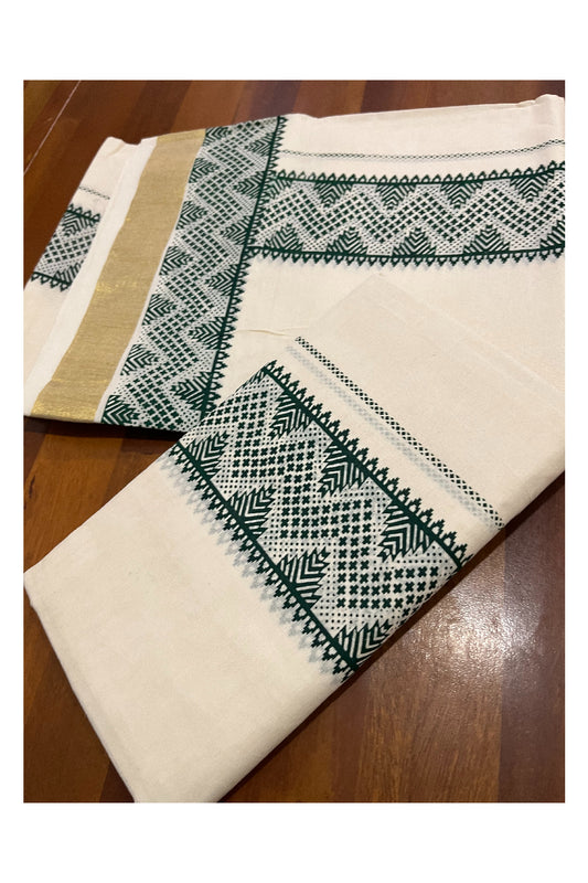 Cotton Kerala Single Set Mundu with Green Block Prints on Border