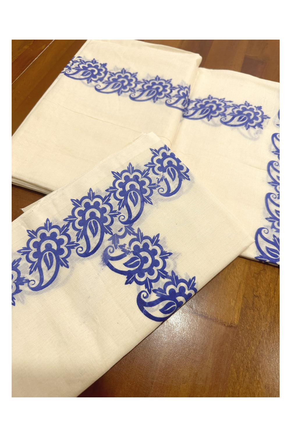 Kerala Cotton Set Mundu (Mundum Neriyathum) with Blue Block Printed Border