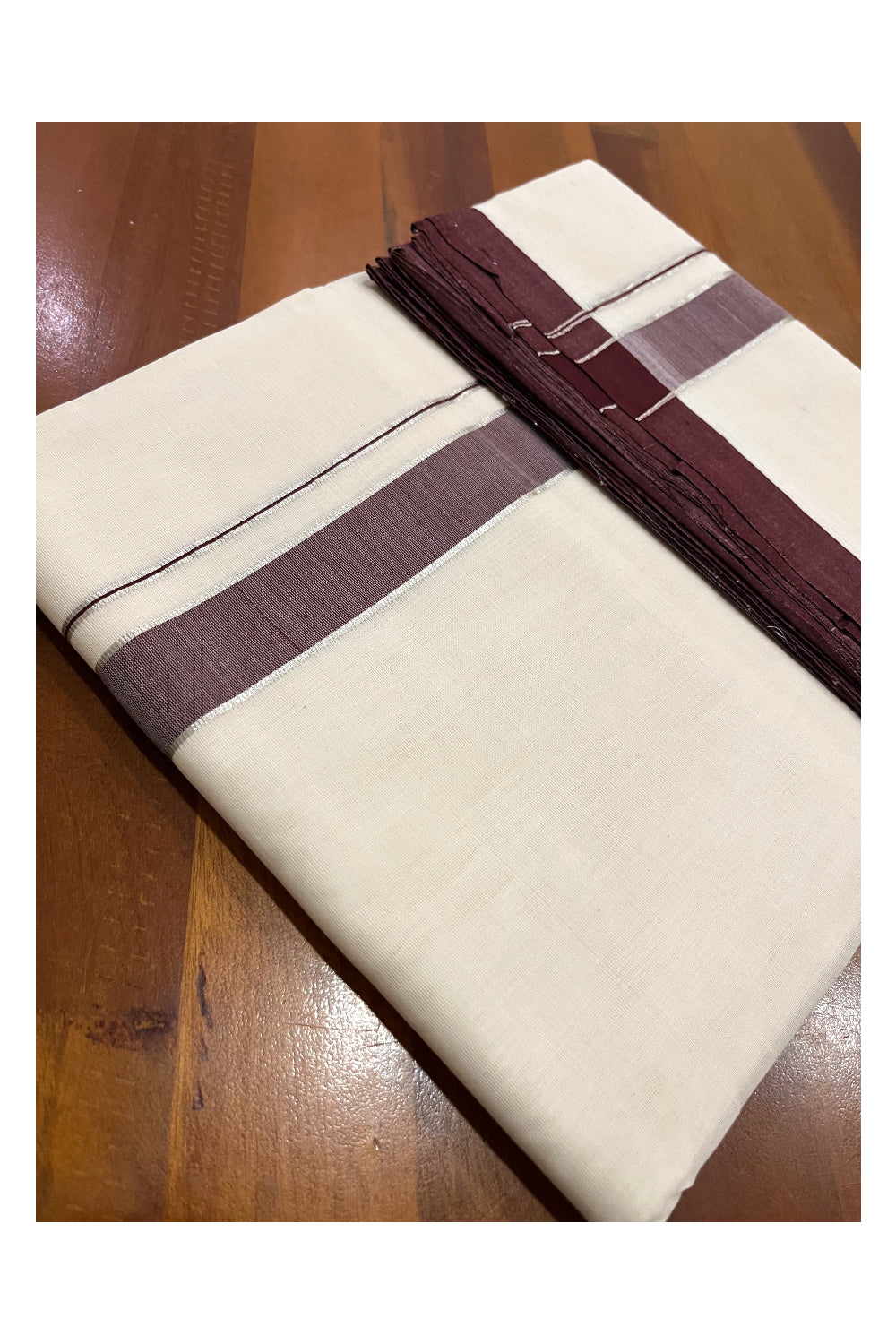 Southloom Premium Balaramapuram Unakkupaavu Handloom Mundu with Brown and Silver Kasavu Border (South Indian Kerala Dhoti)