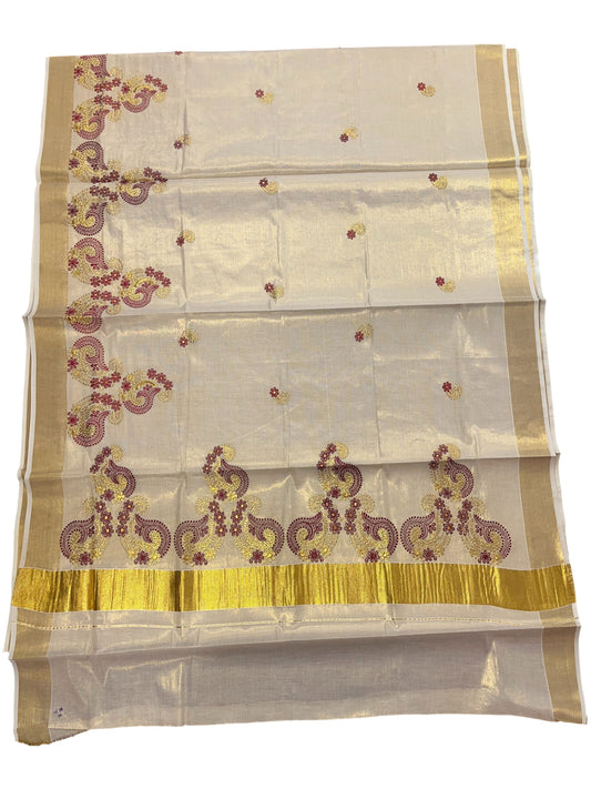 Southloom Kerala Tissue Kasavu Plain Saree with Gold and Maroon Embroidery Works