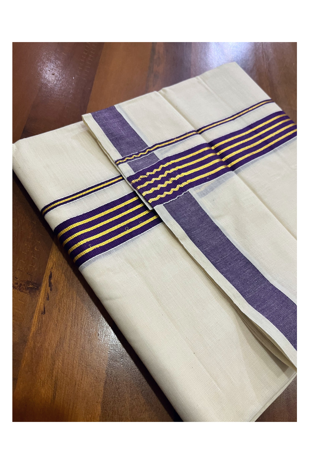 Off White Kerala Cotton Double Mundu with Kasavu and Purple Border (South Indian Kerala Dhoti)