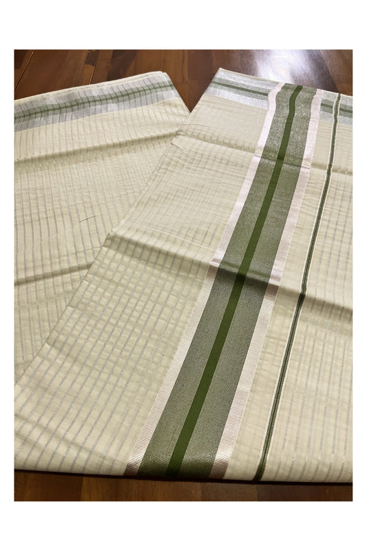 Pure Cotton Kerala Saree with Silver Kasavu Lines Across Body and Olive Green Border