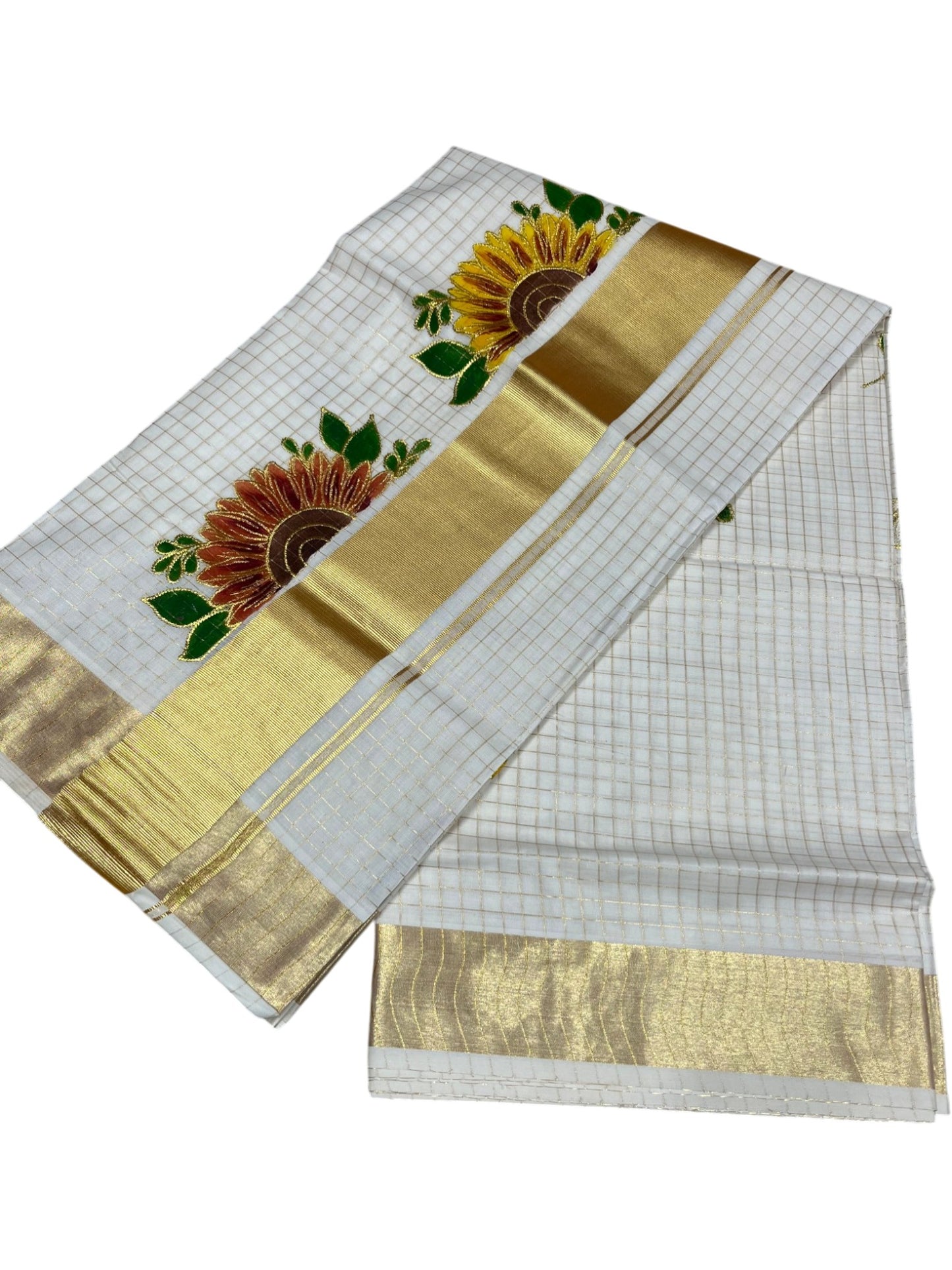 Southloom Cotton Kerala Kasavu Check Saree with Floral Handpainted and Embroidery Work on Body