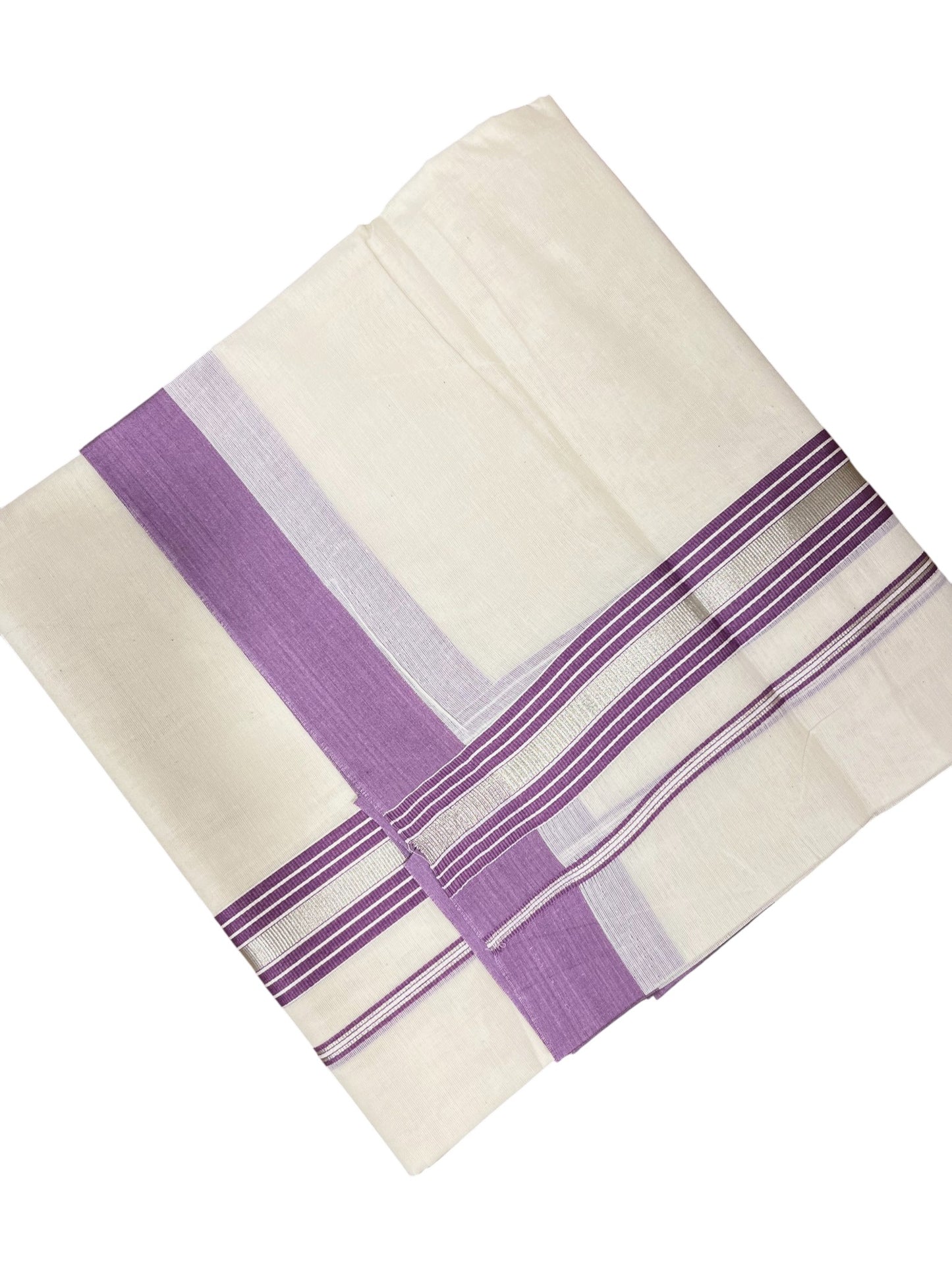 Southloom Kerala Pure Cotton Double Mundu with Lavender And Silver Lines Border (South Indian Dhoti)