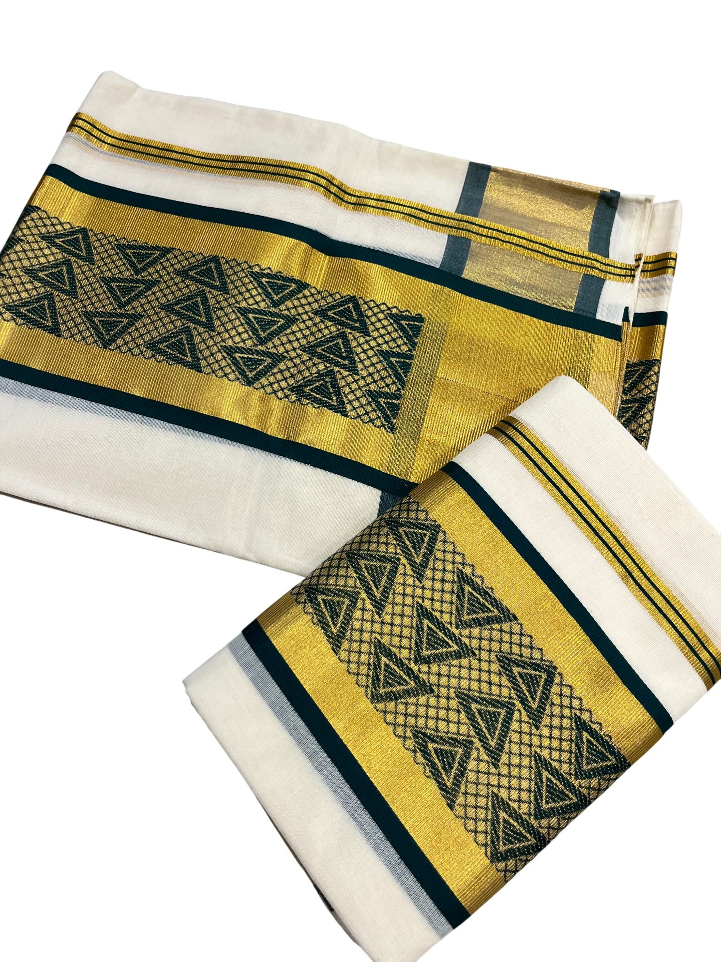 Southloom Premium Handloom Set Mundu with Kasavu and Green Golden Border (2.80 Mtr)