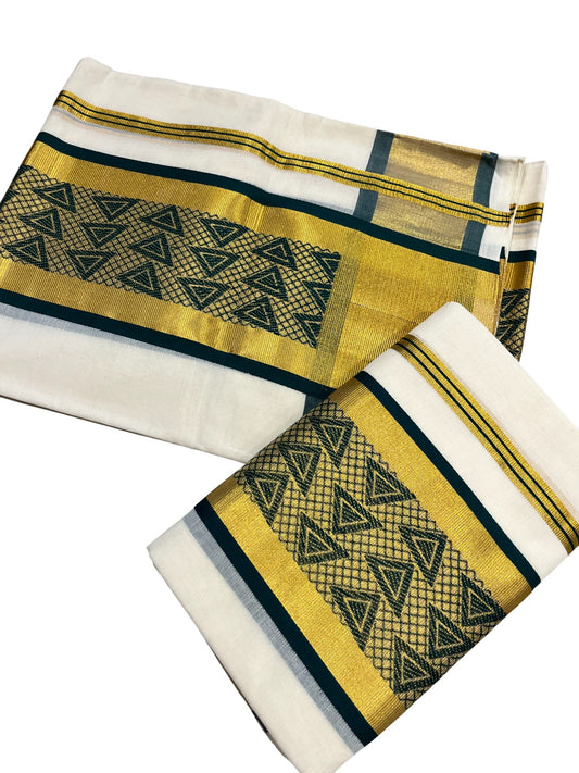 Southloom Premium Handloom Set Mundu with Kasavu and Green Golden Border (2.80 Mtr)