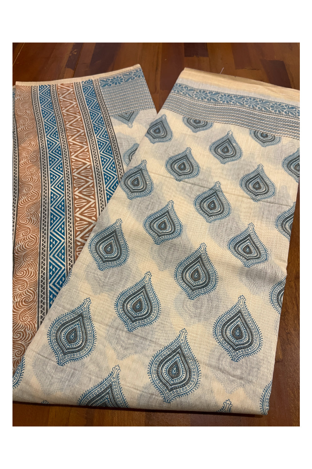 Southloom Cotton Light Brown Saree with Blue Paisley Prints