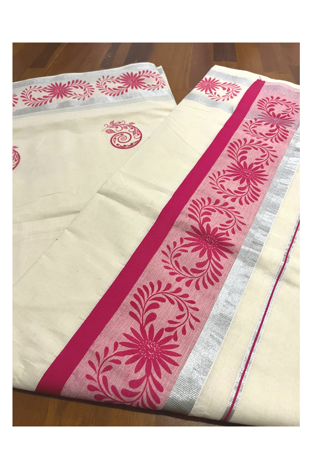 Pure Cotton Off White Kerala Saree with Pink Floral Block Printed Silver Border (Onam Saree 2023)