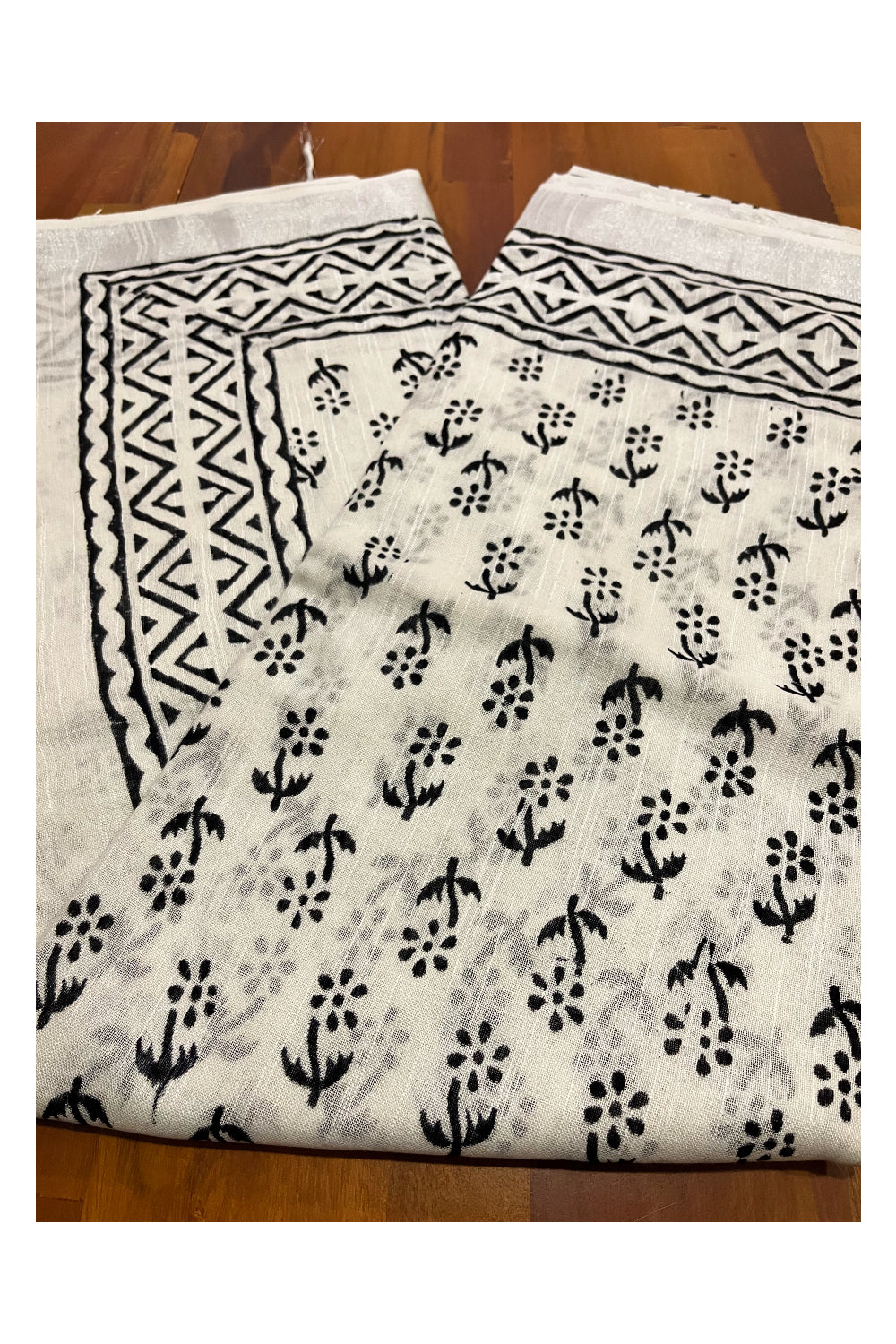 Southloom Linen Pure White Designer Saree with Black Prints and Tassels