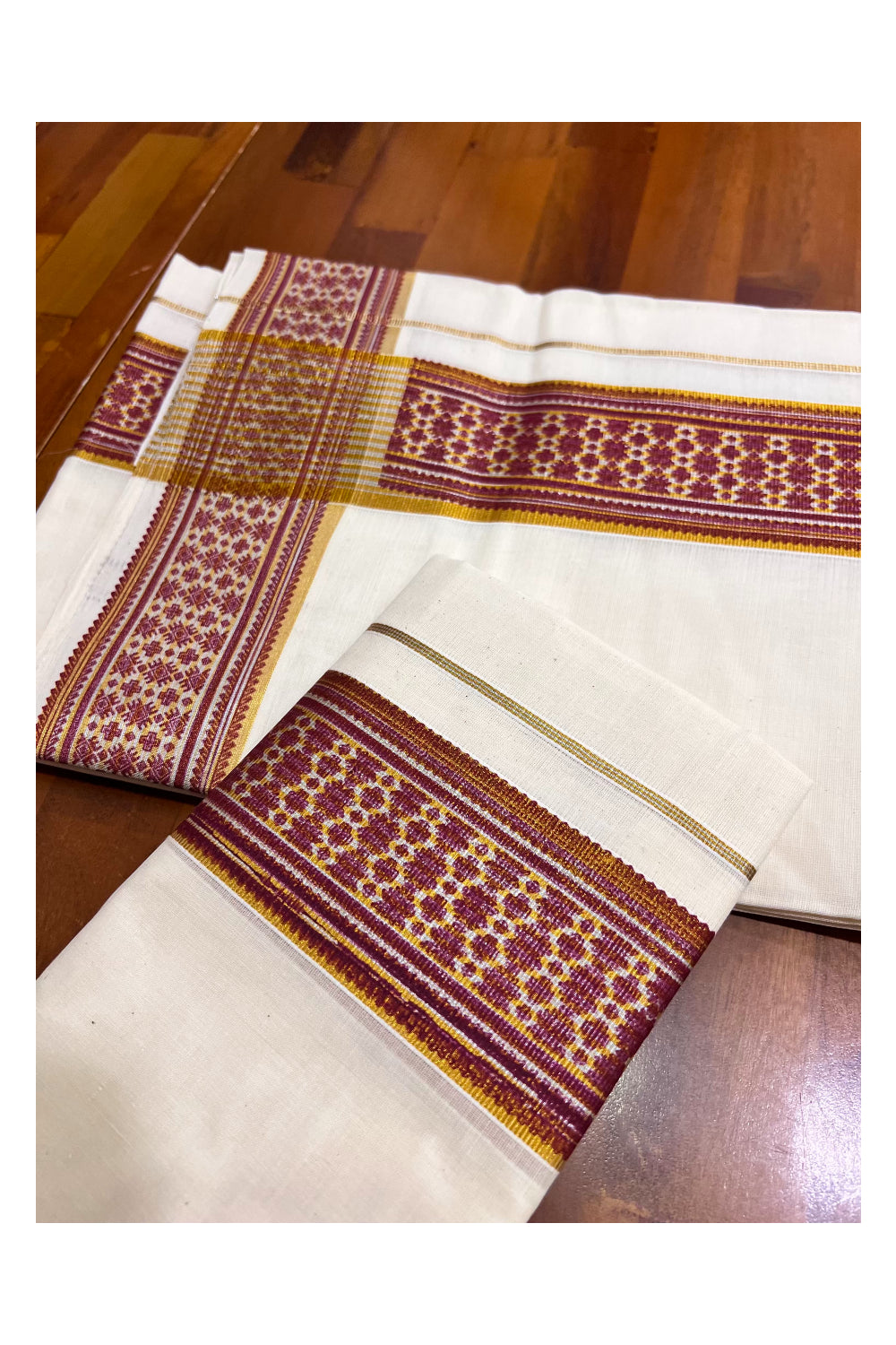 Kerala Pure Cotton Set Mundu Single (Mundum Neriyathum) with Red Block Prints on Kasavu Border (Vishu 2024 Collection)