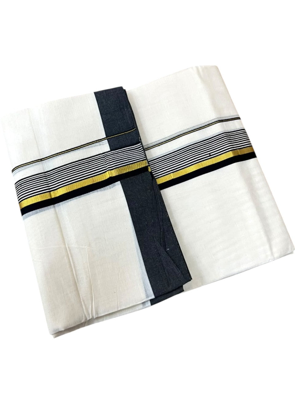 Southloom Balaramapuram Unakkupaavu Premium Handloom Cotton Double Mundu with Gold Kasavu and Black Border