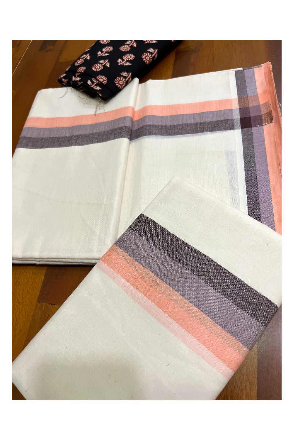 Southloom Mulloth Soft Cotton Brown Grey Peach Border Set Mundu with Jaipur Printed Blouse Piece (2.60 M Neriyathu / Blouse 1 Meter)