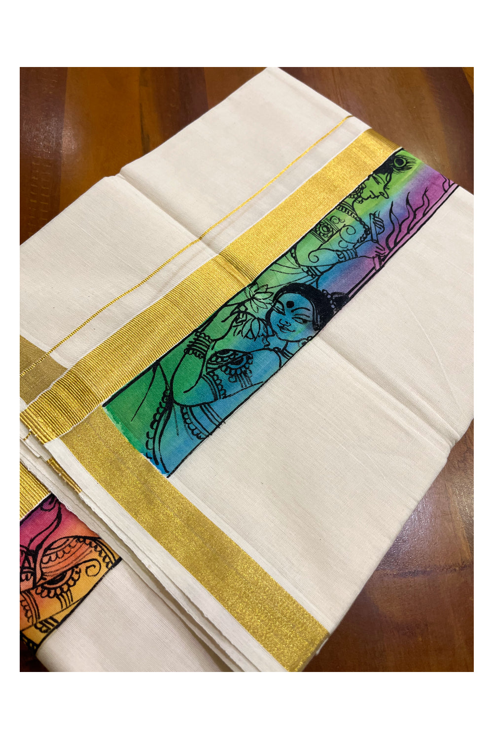 Kerala Pure Cotton Double Mundu with Krishna Mural Hand Painted Design on Kasavu Border (South Indian Kerala Dhoti)