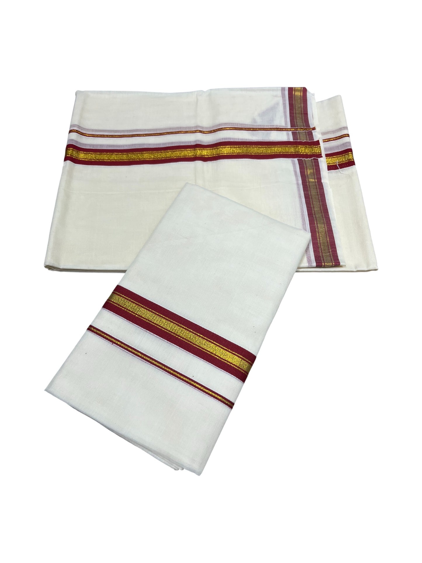 Pure Cotton Kerala Single Set Mundu (Mundum Neriyathum) with Red Kasavu Border in 2.80 Mtrs