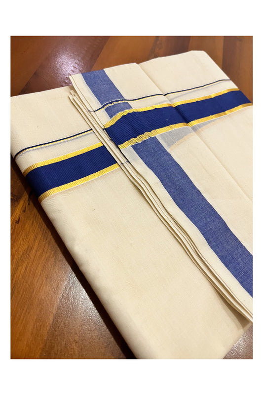 Pure Cotton Mundu with Blue and Kasavu Border (South Indian Kerala Dhoti)