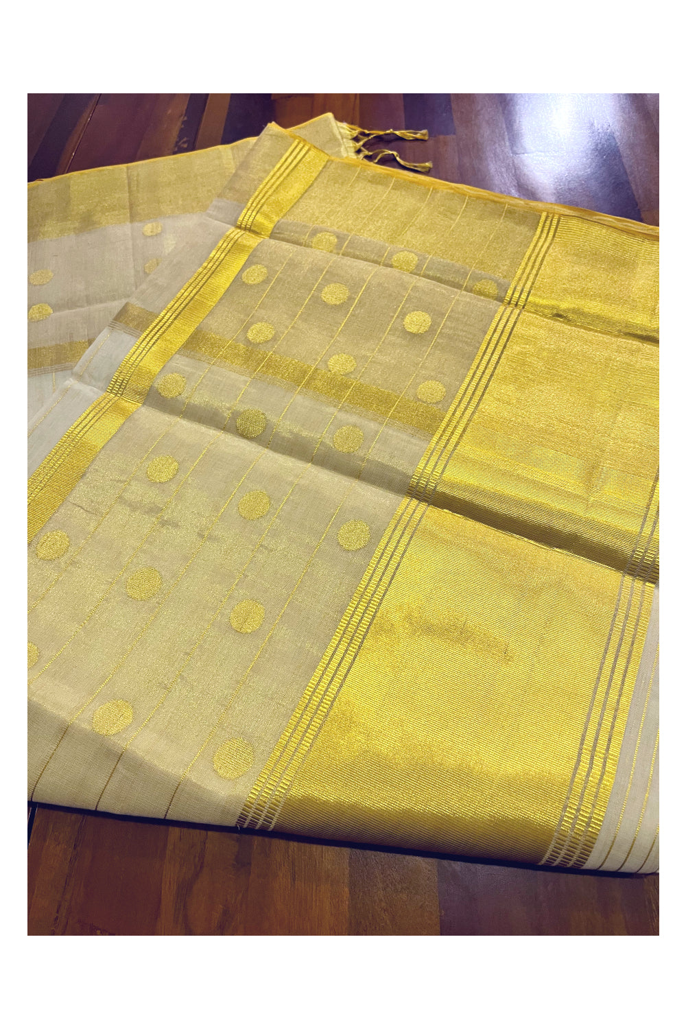 Southloom™ Premium Balaramapuram Handloom Cotton Saree with Kasavu Lines Across Body and Polka Designs on Border