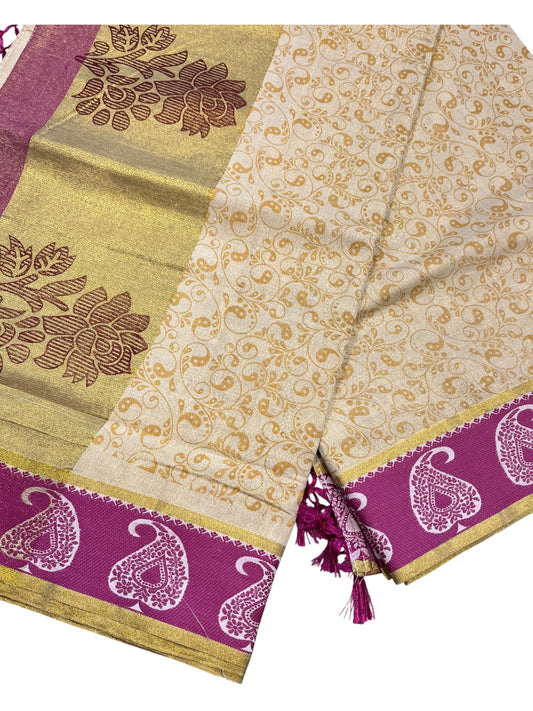 Southloom Kerala Tissue Kasavu Printed Saree with Magenta Floral Embroidery Works and Tassels