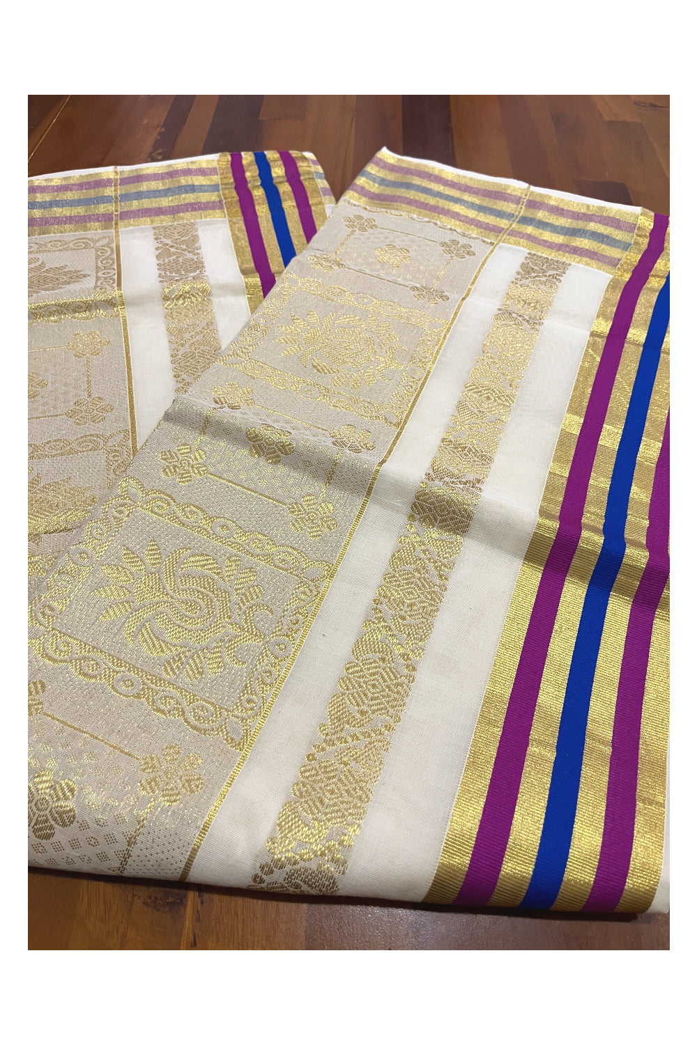 Kerala Cotton Heavy Woven Kasavu Design Saree with Blue and Magenta (Onam Saree 2023)