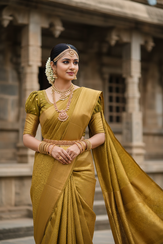 Southloom Brocade Silk Bridal Saree WIth Woven Borders And Blouse Piece