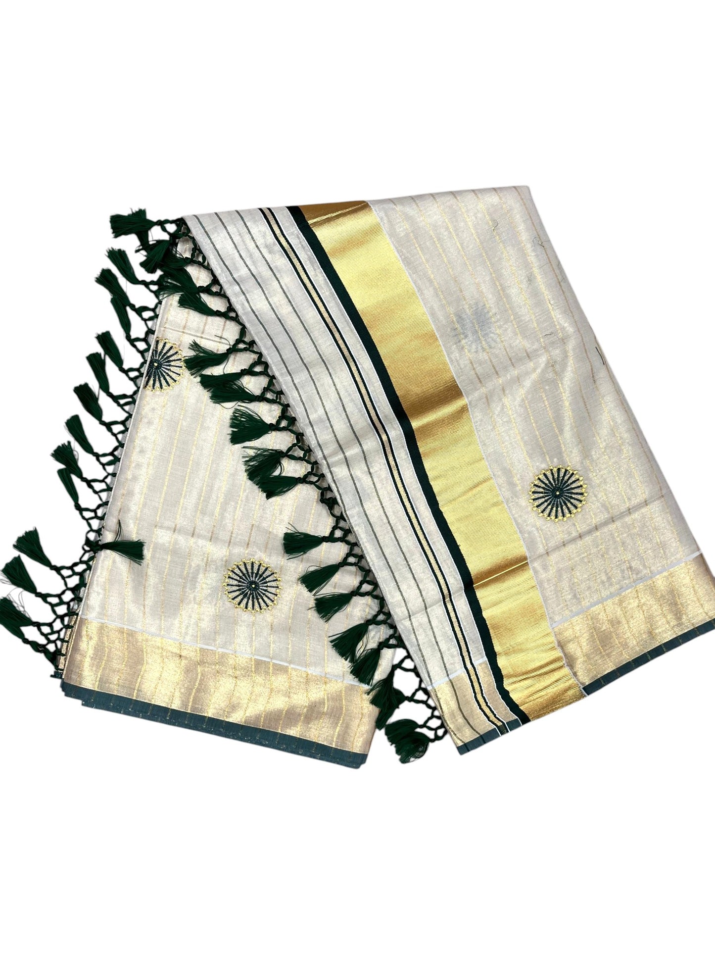 Southloom Kerala Tissue Kasavu Lines Saree with Embroidery Work on Body in Green