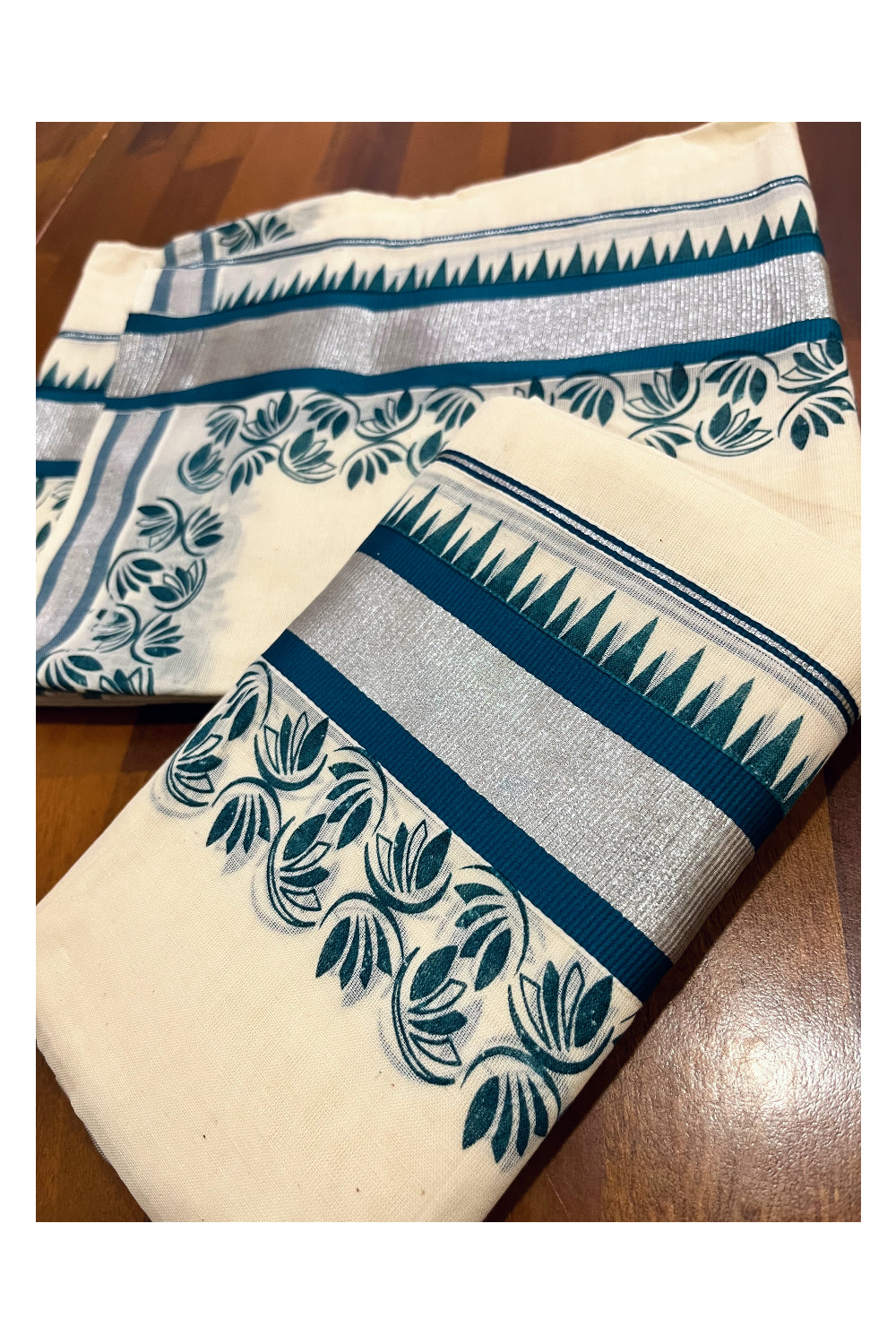 Kerala Pure Cotton Set Mundu Single (Mundum Neriyathum) with Teal Floral Temple Block Prints on Silver Kasavu Border