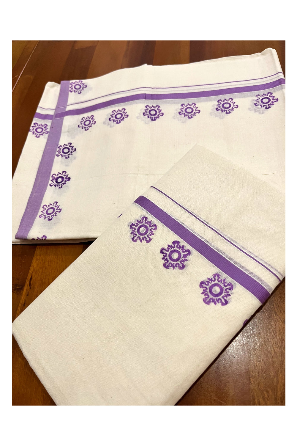 Kerala Pure Cotton Set Mundu Single (Mundum Neriyathum) with Violet Block Prints