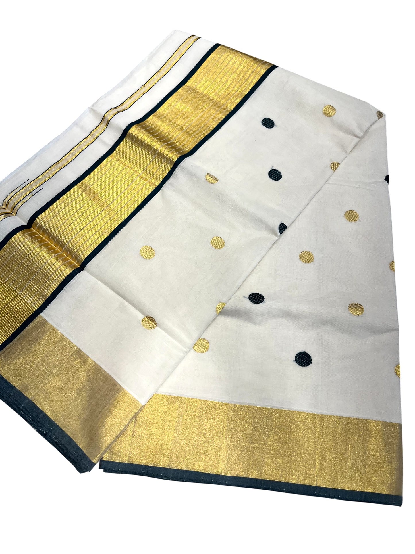 Southloom Super Premium Balaramapuram Unakkupaavu Handloom Cotton Saree with Gold and Green Polka Works on Body