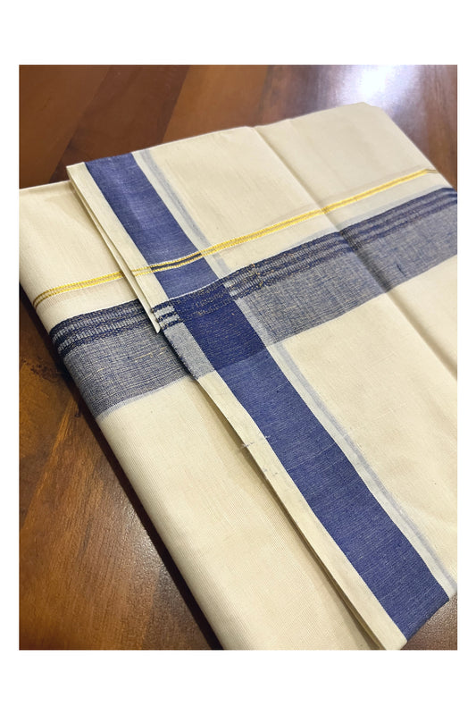 Off White Kerala Cotton Double Mundu with Kasavu and Blue Border (South Indian Kerala Dhoti)