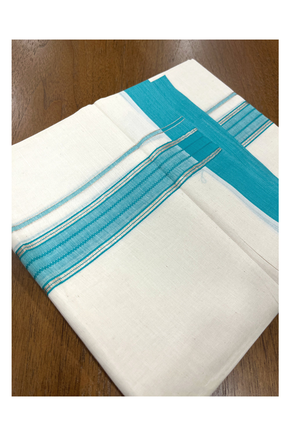 Pure Cotton Double Mundu with Silver Kasavu and Turquoise Border (South Indian Dhoti)