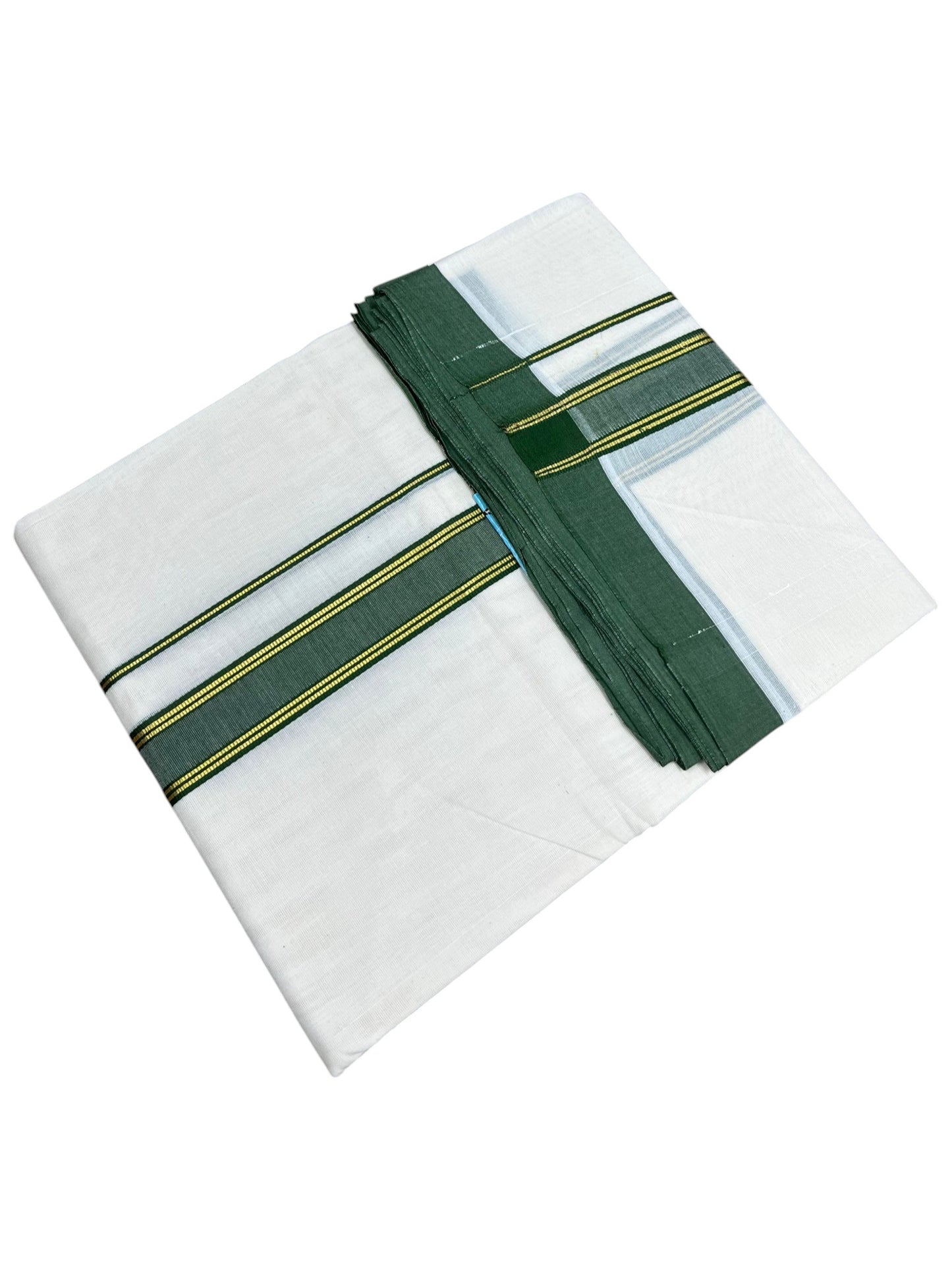 Southloom Pure Cotton Mundu with Gold Lines and Green Border (South Indian Kerala Dhoti)