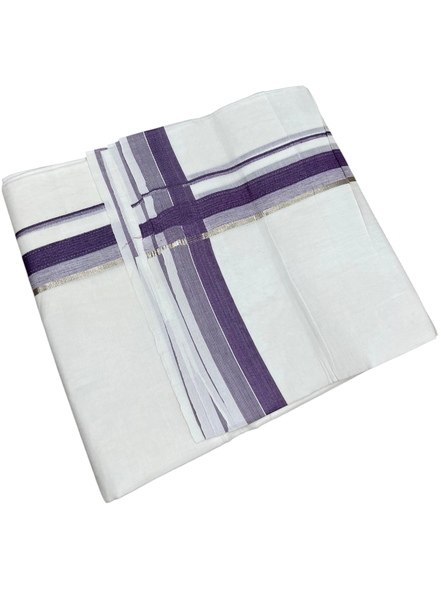 Southloom Pure White Cotton Mundu with Silver Line & Lavender Border (South Indian Kerala Dhoti)